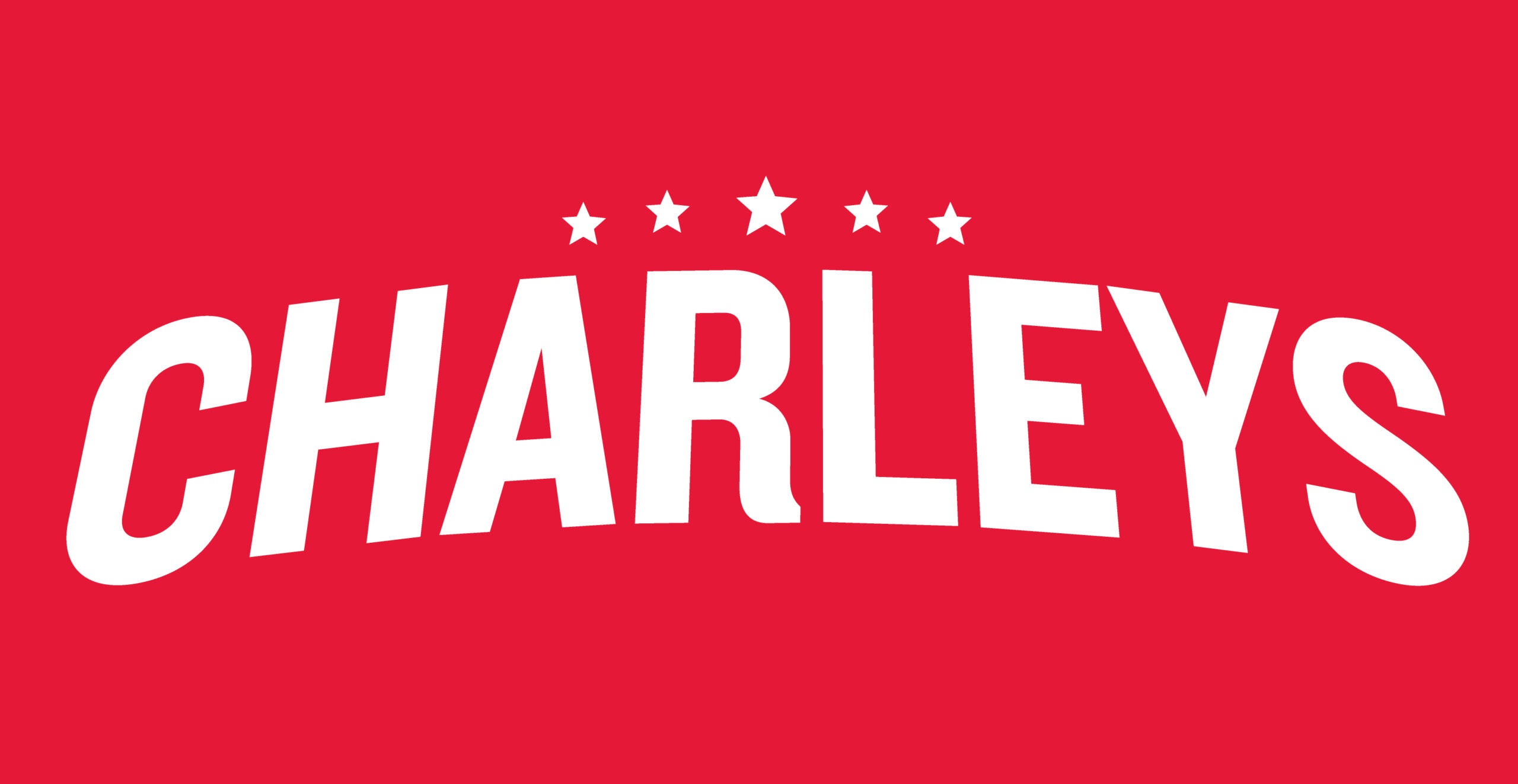 Charleys logo in white against a red background. Cheesesteaks